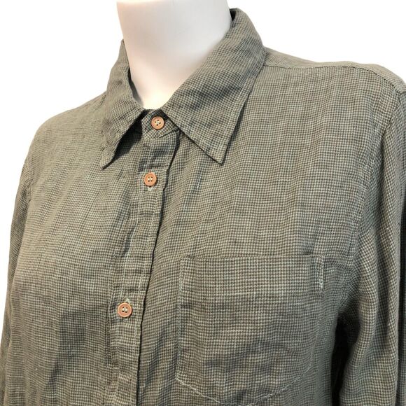 CP Shades 100% Linen Shirt Womens Large Blue Houndstooth Button Up Made in USA - Picture 3 of 8